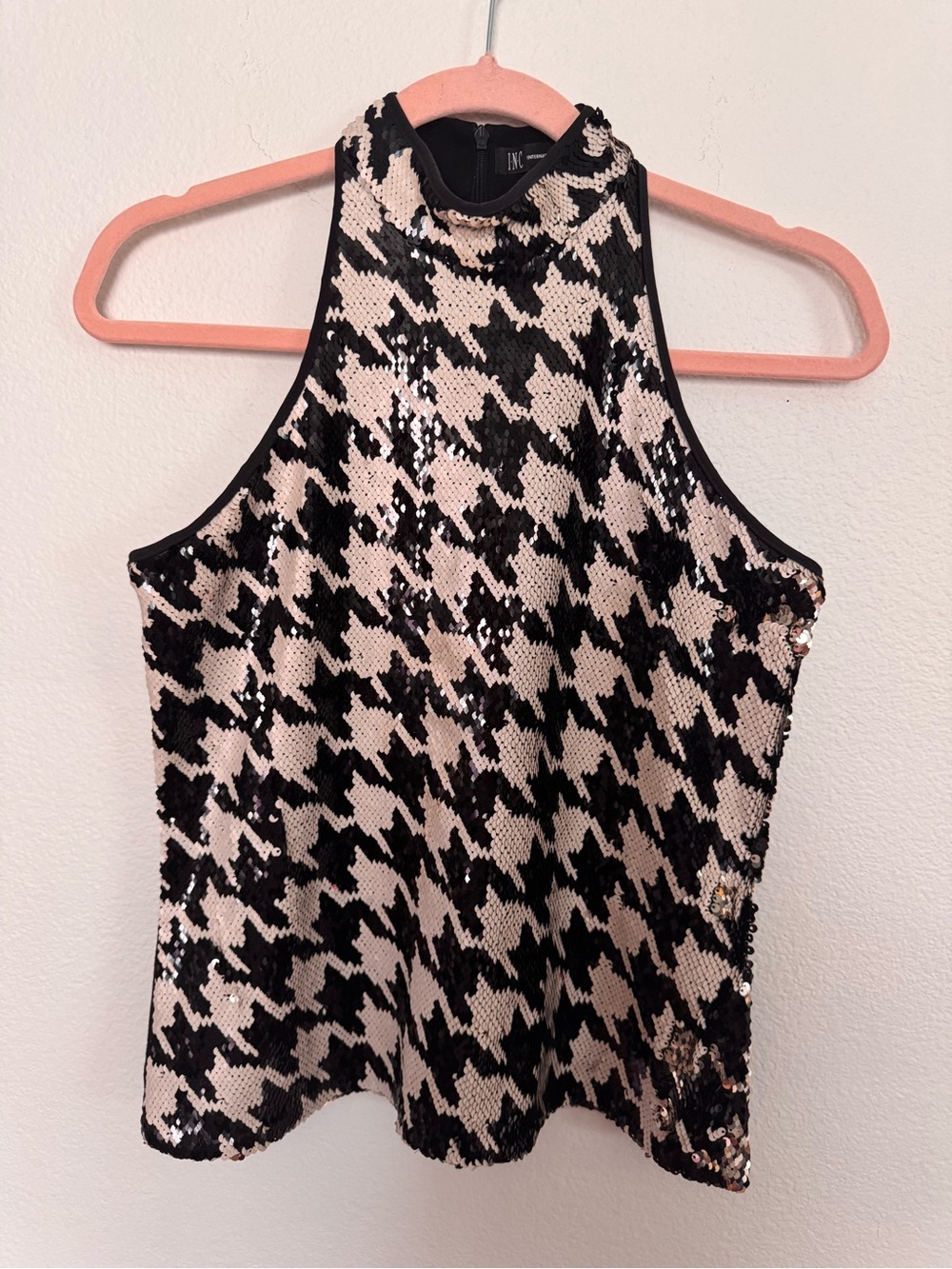 INC International Concepts Black & Cream Sequin Houndstooth Halter Tank